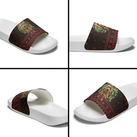 Wreath and Santa Dog in Red Slide Sandals with Black Holiday Pattern Design - Wonder Print Shop