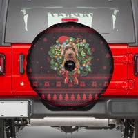 Wreath and Santa Dog in Red Spare Tire Cover with Black Holiday Pattern Design - Wonder Print Shop