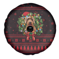 Wreath and Santa Dog in Red Spare Tire Cover with Black Holiday Pattern Design - Wonder Print Shop