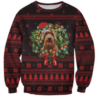 Wreath and Santa Dog in Red Sweatshirt with Black Holiday Pattern Design - Wonder Print Shop