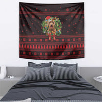 Wreath and Santa Dog in Red Tapestry with Black Holiday Pattern Design - Wonder Print Shop