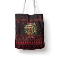 Wreath and Santa Dog in Red Tote Bag with Black Holiday Pattern Design - Wonder Print Shop