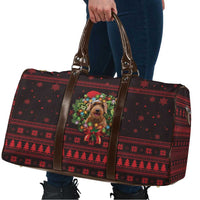 Wreath and Santa Dog in Red Travel Bag with Black Holiday Pattern Design - Wonder Print Shop