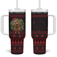 Wreath and Santa Dog in Red Tumbler With Handle with Black Holiday Pattern Design - Wonder Print Shop