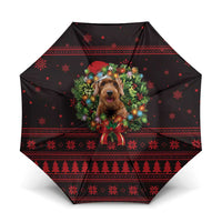 Wreath and Santa Dog in Red Umbrella with Black Holiday Pattern Design - Wonder Print Shop