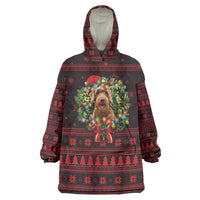 Wreath and Santa Dog in Red Wearable Blanket Hoodie with Black Holiday Pattern Design - Wonder Print Shop