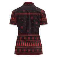 Wreath and Santa Dog in Red Women Polo Shirt with Black Holiday Pattern Design - Wonder Print Shop