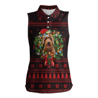 Wreath and Santa Dog in Red Women Sleeveless Polo Shirt with Black Holiday Pattern Design - Wonder Print Shop