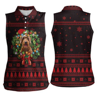 Wreath and Santa Dog in Red Women Sleeveless Polo Shirt with Black Holiday Pattern Design - Wonder Print Shop