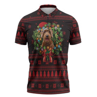 Wreath and Santa Dog in Red Zipper Polo Shirt with Black Holiday Pattern Design - Wonder Print Shop