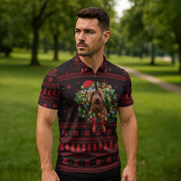Wreath and Santa Dog in Red Zipper Polo Shirt with Black Holiday Pattern Design - Wonder Print Shop