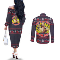 Jesus Is The Reason For The Season Christmas Couples Matching Off The Shoulder Long Sleeve Dress and Long Sleeve Button Shirt Funny Xmas Holiday Patterns - Wonder Print Shop