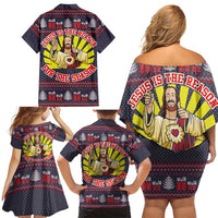 Jesus Is The Reason For The Season Christmas Family Matching Off Shoulder Short Dress and Hawaiian Shirt Funny Xmas Holiday Patterns - Wonder Print Shop