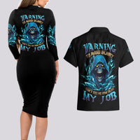 Warning To Avoid Injury Mad Reaper Skull Couples Matching Long Sleeve Bodycon Dress and Hawaiian Shirt - Wonder Print Shop