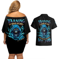 Warning To Avoid Injury Mad Reaper Skull Couples Matching Off Shoulder Short Dress and Hawaiian Shirt - Wonder Print Shop