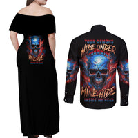Your Demons Hide Under Your Bed Skull Couples Matching Off Shoulder Maxi Dress and Long Sleeve Button Shirt - Wonder Print Shop
