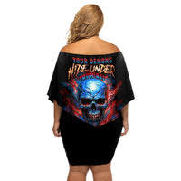 Your Demons Hide Under Your Bed Skull Off Shoulder Short Dress - Wonder Print Shop