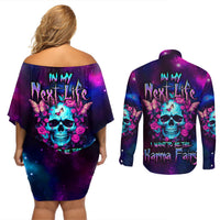 Karma Fairy Skull Galaxy Couples Matching Off Shoulder Short Dress and Long Sleeve Button Shirt - Wonder Print Shop