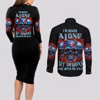 I'm Never Alone My Demons Are With Me 24/7 Couples Matching Long Sleeve Bodycon Dress and Long Sleeve Button Shirt - Wonder Print Shop