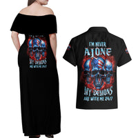 I'm Never Alone My Demons Are With Me 24/7 Couples Matching Off Shoulder Maxi Dress and Hawaiian Shirt - Wonder Print Shop