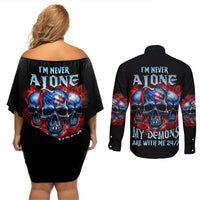 I'm Never Alone My Demons Are With Me 24/7 Couples Matching Off Shoulder Short Dress and Long Sleeve Button Shirt - Wonder Print Shop