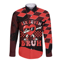 Six Seven Bruh Heart Long Sleeve Button Shirt 67 Meme Cool Valentine’s Day Character Dabbing