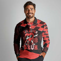 Six Seven Bruh Heart Long Sleeve Polo Shirt 67 Meme Cool Valentine’s Day Character Dabbing