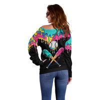 100 Days of School Baseball Off Shoulder Sweater with Sweet Melting Drip Pattern