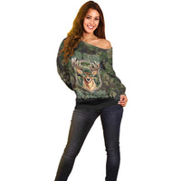 Deer 100 Days of School Off Shoulder Sweater Camo Deer Adventure Forest
