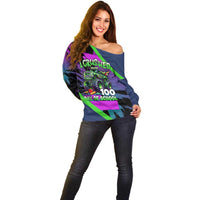 I Crushed 100 Days of School Monster Truck Off Shoulder Sweater 100th Day Boys - Retro Radiant Pattern