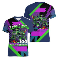 I Crushed 100 Days of School Monster Truck Women V-Neck T-Shirt 100th Day Boys - Retro Radiant Pattern