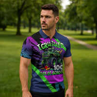 I Crushed 100 Days of School Monster Truck Zipper Polo Shirt 100th Day Boys - Retro Radiant Pattern