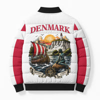 Denmark Kongeriget Heritage Bomber Puffer Jacket Vintage Viking Ship And Nyhavn Scenic Illustration