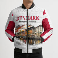 Denmark Kongeriget Heritage Bomber Puffer Jacket Vintage Viking Ship And Nyhavn Scenic Illustration