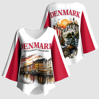 Denmark Kongeriget Heritage Kimono Sleeve Blouse Vintage Viking Ship And Nyhavn Scenic Illustration