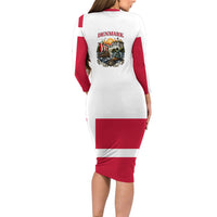 Denmark Kongeriget Heritage Long Sleeve Bodycon Dress Vintage Viking Ship And Nyhavn Scenic Illustration