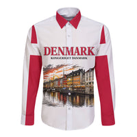 Denmark Kongeriget Heritage Long Sleeve Button Shirt Vintage Viking Ship And Nyhavn Scenic Illustration