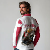 Denmark Kongeriget Heritage Long Sleeve Polo Shirt Vintage Viking Ship And Nyhavn Scenic Illustration
