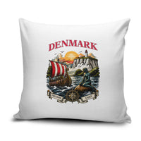 Denmark Kongeriget Heritage Pillow Cover Vintage Viking Ship And Nyhavn Scenic Illustration
