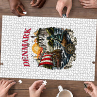 Denmark Kongeriget Heritage Puzzle Vintage Viking Ship And Nyhavn Scenic Illustration