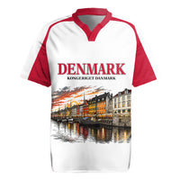 Denmark Kongeriget Heritage Rugby Jersey Vintage Viking Ship And Nyhavn Scenic Illustration