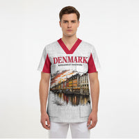 Denmark Kongeriget Heritage Scrub Top Vintage Viking Ship And Nyhavn Scenic Illustration