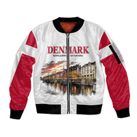 Denmark Kongeriget Heritage Sleeve Zip Bomber Jacket Vintage Viking Ship And Nyhavn Scenic Illustration