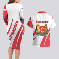 Singapore National Crest Couples Matching Long Sleeve Bodycon Dress and Hawaiian Shirt with City Skyline and Lion Design