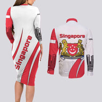 Singapore National Crest Couples Matching Long Sleeve Bodycon Dress and Long Sleeve Button Shirt with City Skyline and Lion Design