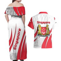 Singapore National Crest Couples Matching Off Shoulder Maxi Dress and Hawaiian Shirt with City Skyline and Lion Design