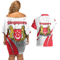 Singapore National Crest Couples Matching Off Shoulder Short Dress and Hawaiian Shirt with City Skyline and Lion Design
