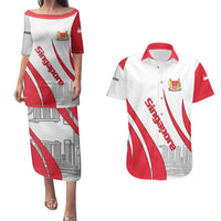 Singapore National Crest Couples Matching Puletasi and Hawaiian Shirt with City Skyline and Lion Design