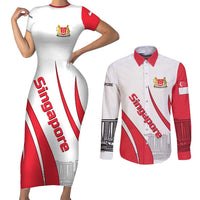 Singapore National Crest Couples Matching Short Sleeve Bodycon Dress and Long Sleeve Button Shirt with City Skyline and Lion Design