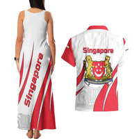 Singapore National Crest Couples Matching Tank Maxi Dress and Hawaiian Shirt with City Skyline and Lion Design